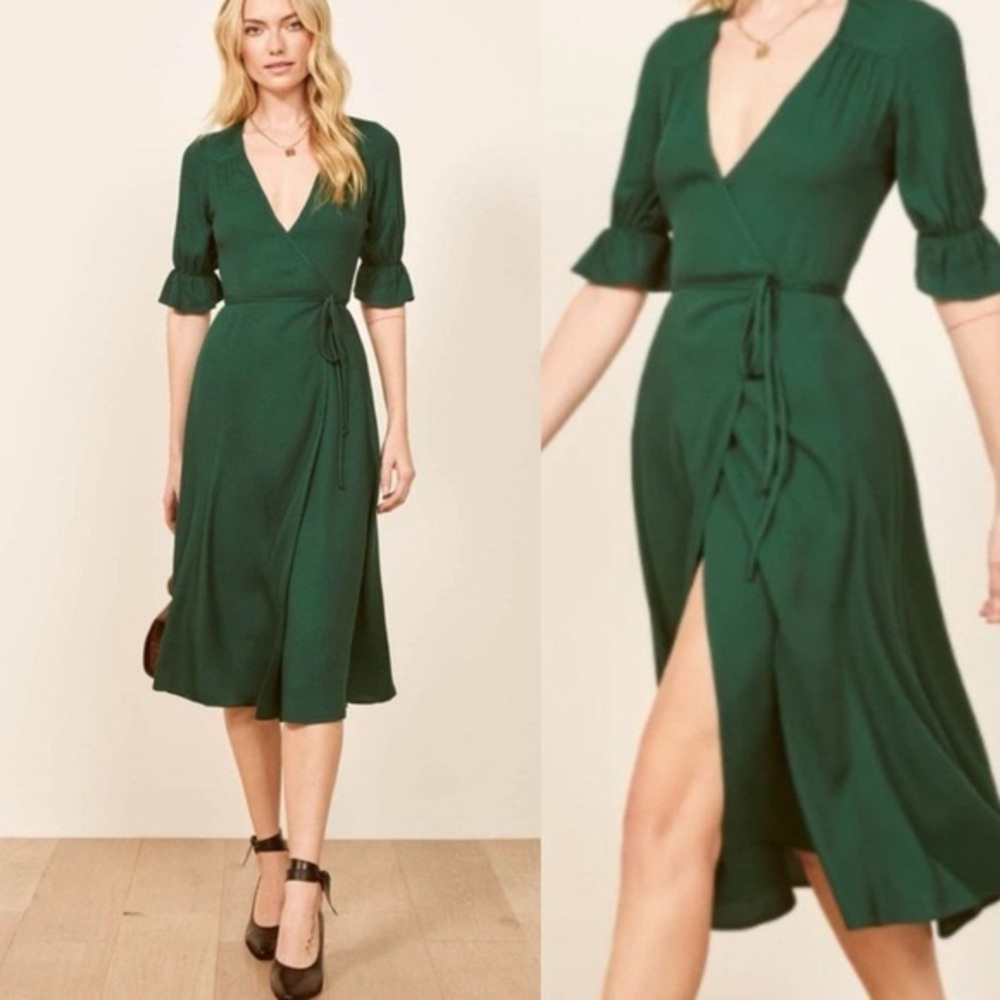 Reformation Judith Green Wrap Dress with V Neck Plunge Size Extra Small